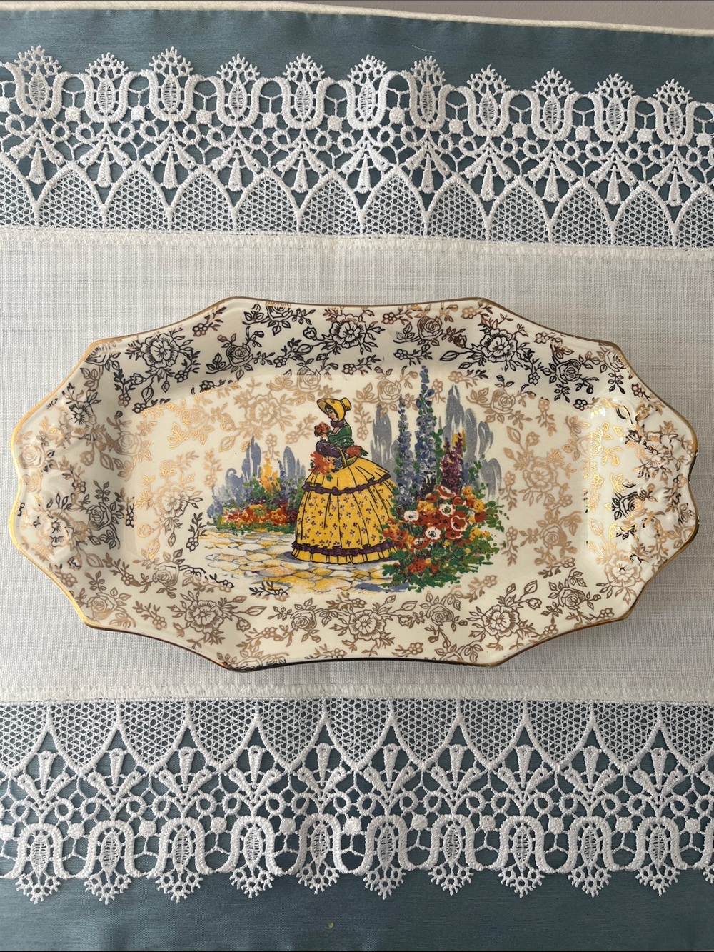 Vintage Crinoline Lady Sandwich Tray Gold Chintz English Porcelain Platter 10”
